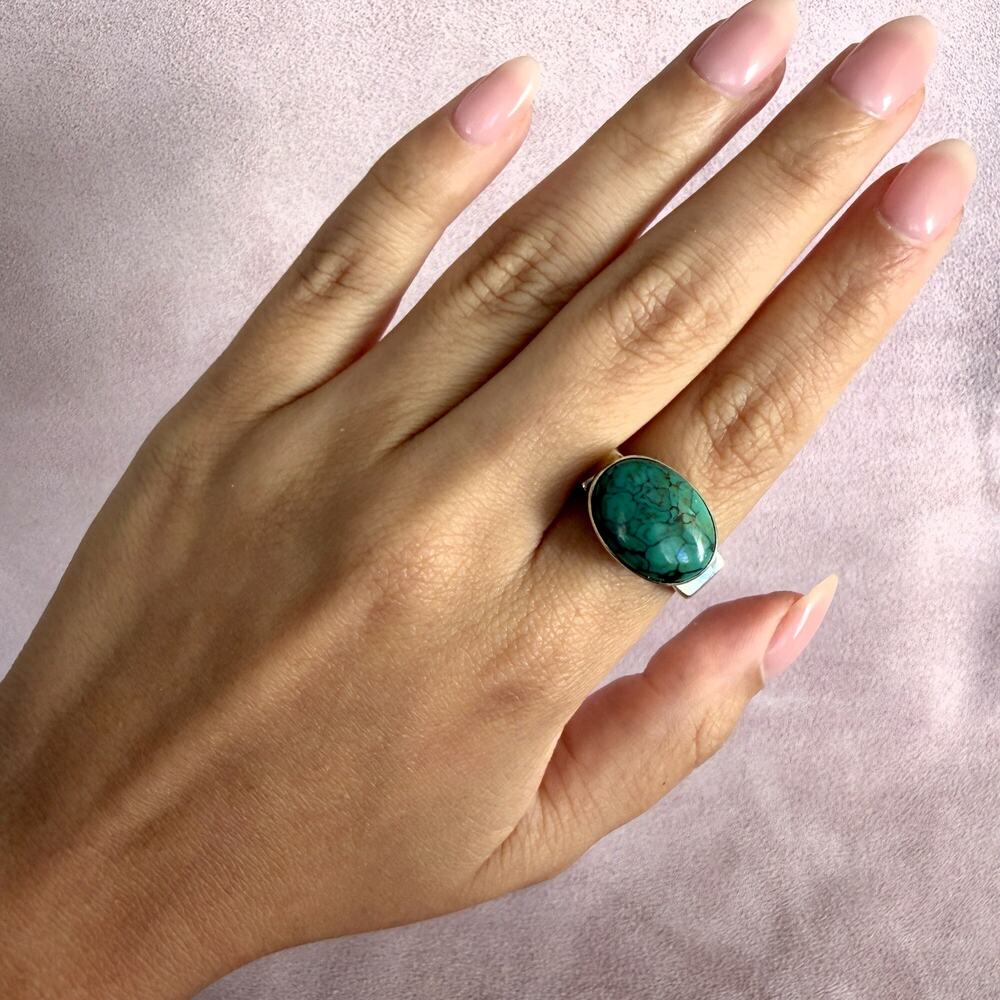 sterling silver turquoise cabochon squared band ring size 8.75 - Picture 5 of 5